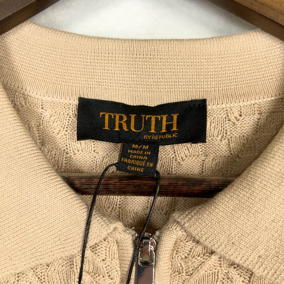 Truth Textured Polo Knitted Dune Beige Quarter Zip Men's Size Medium NWT $78 - Picture 2 of 7
